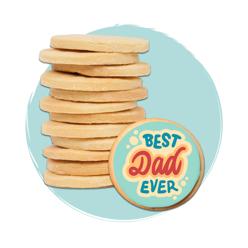 Vatertagskekse mit einem Fondantaufleger und dem Aufdruck "Best dad ever""